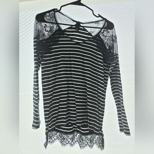 Elegant See Through Lace Shoulder Details, Navy and White Striped Top